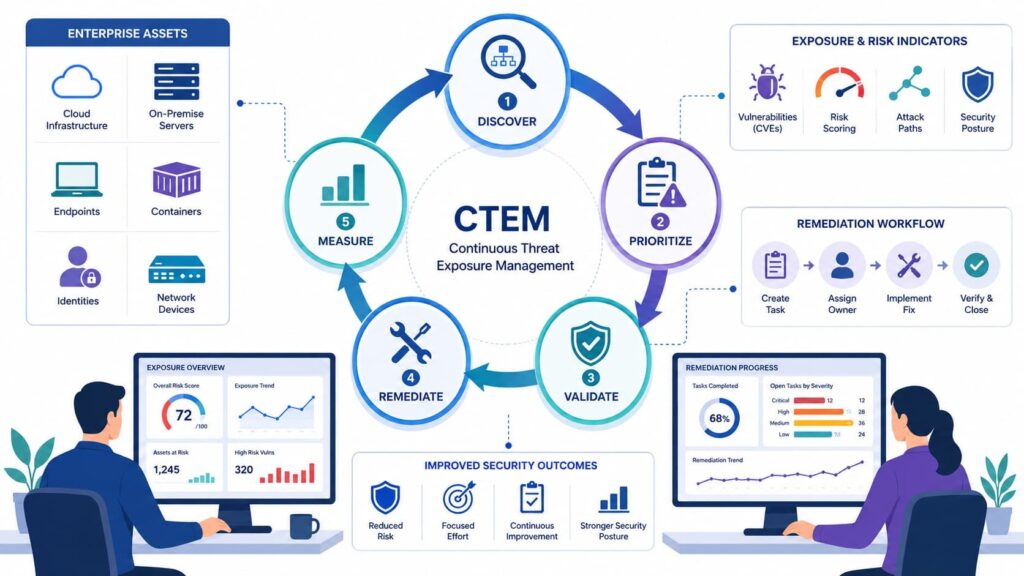 CTEM cycle diagram relevant to nessus vs qualys vs rapid7 comparison, showing discover, prioritize, validate, remediate, measure steps.