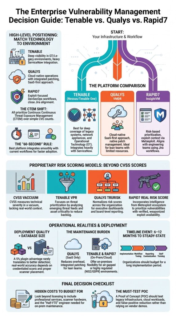 Infographic showing nessus vs qualys vs rapid7 comparison across positioning, risk scoring, deployment, and decision checklist.