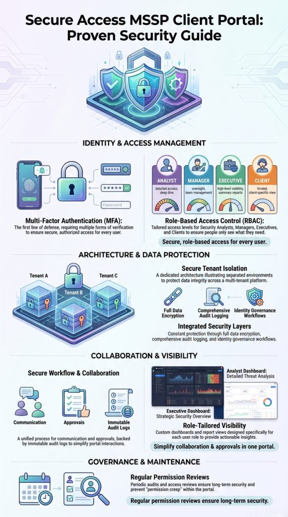 Secure access MSSP client portal illustration showing identity management and secure client access flow