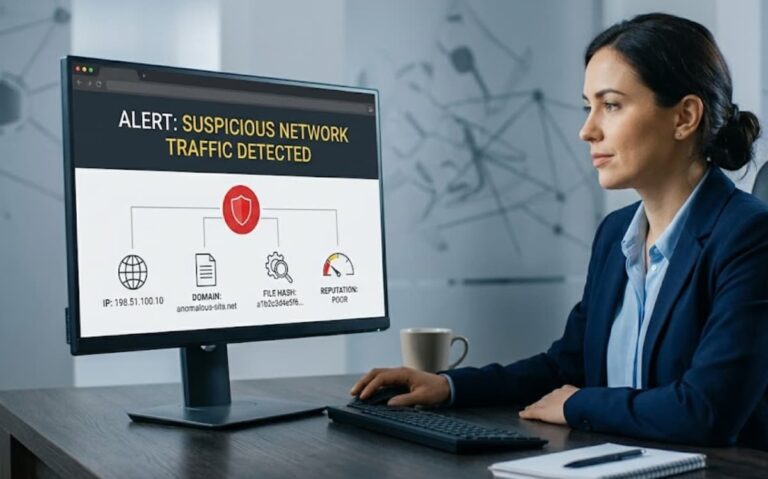 Analyst reviews alert dashboard while automating threat intelligence enrichment with IOC data.
