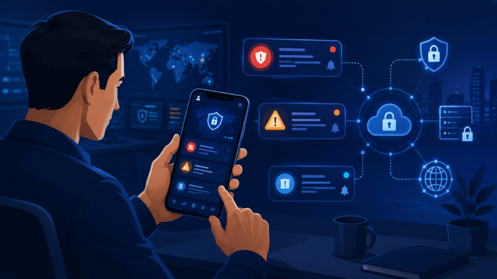 mobile access MSSP portal features with real-time security alerts and dashboard monitoring