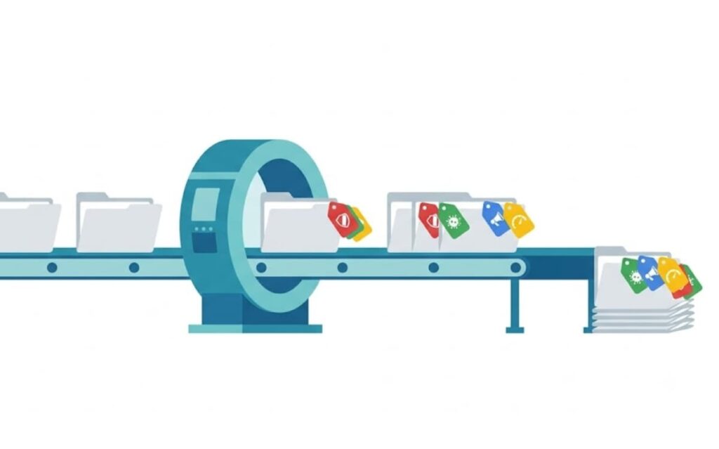 Illustration of automating threat intelligence enrichment as data moves through a tagging scanner.