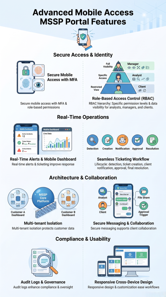 Mobile access MSSP portal features infographic covering secure mobile access, alerts, RBAC, dashboard