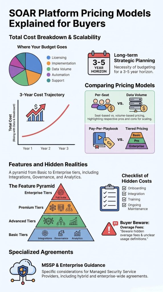 Infographic explaining soar platform pricing models with cost pyramid, budget chart, and comparison icons