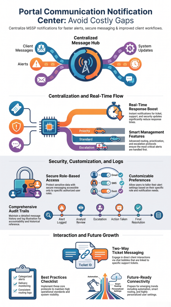 Portal communication notification center visual for secure MSSP alerts, messaging, and workflows hub