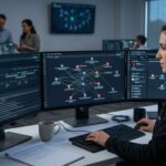 Analyst improving threat hunting tip by mapping campaign relationships across multiple monitors.