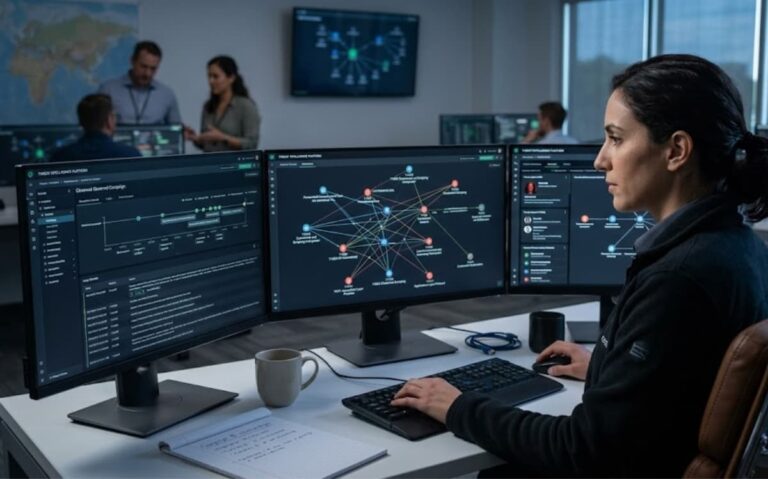 Analyst improving threat hunting tip by mapping campaign relationships across multiple monitors.