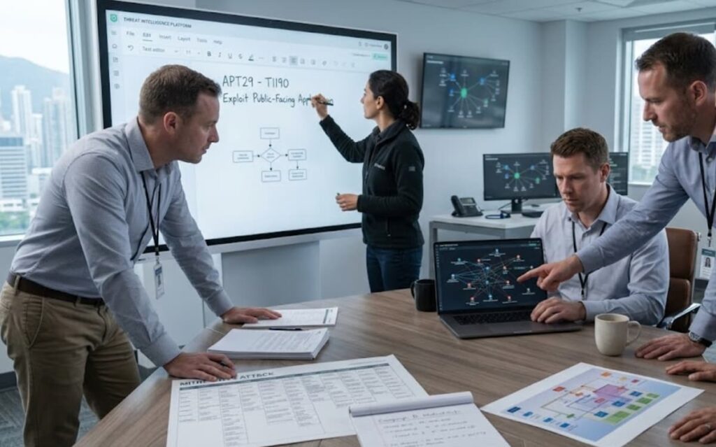 Team improving threat hunting tip by mapping an APT29 attack pattern on a shared whiteboard.