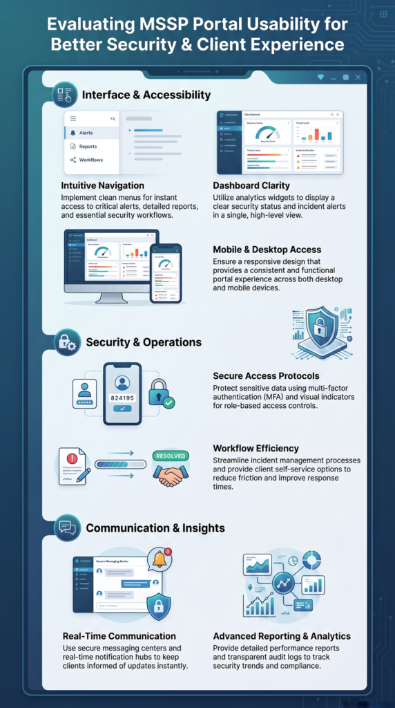 Evaluating MSSP portal usability with secure dashboard, workflows, analytics, and client experience UX