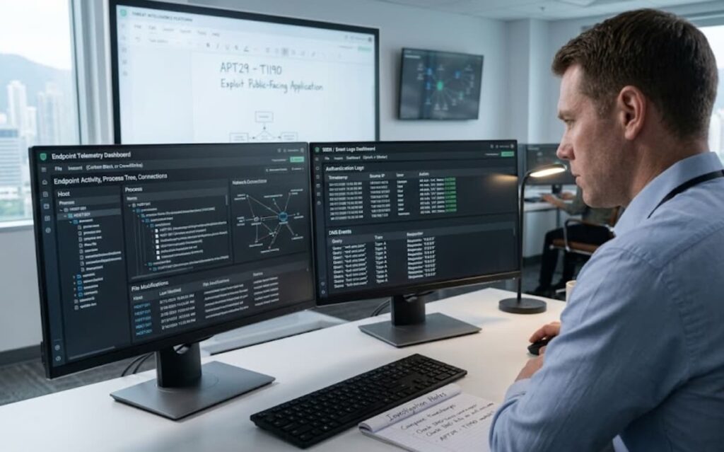 Analyst improving threat hunting tip by cross-referencing endpoint telemetry and SIEM logs.