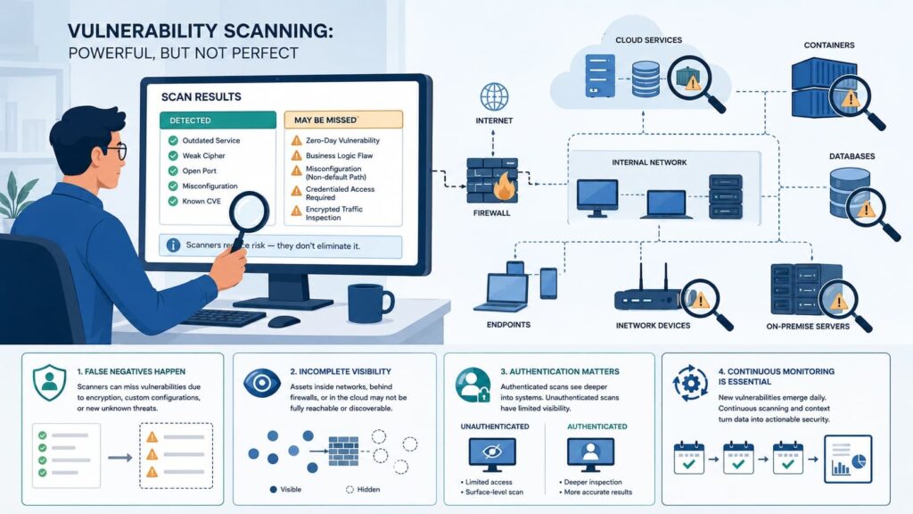 Guide on choosing network vulnerability scanner tools, showing detection limits, authentication, and continuous monitoring.