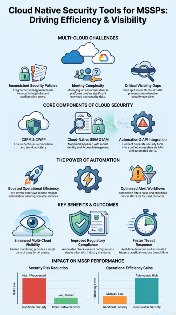 Cloud Native Security Tools MSSP infographic tentang keamanan cloud, otomatisasi, visibilitas multi-cloud.