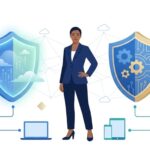 Businesswoman flanked by shields depicting crowdstrike vs sentinelone comparison mssp security models 