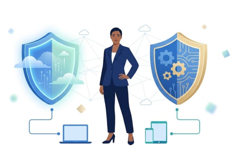 Businesswoman flanked by shields depicting crowdstrike vs sentinelone comparison mssp security models