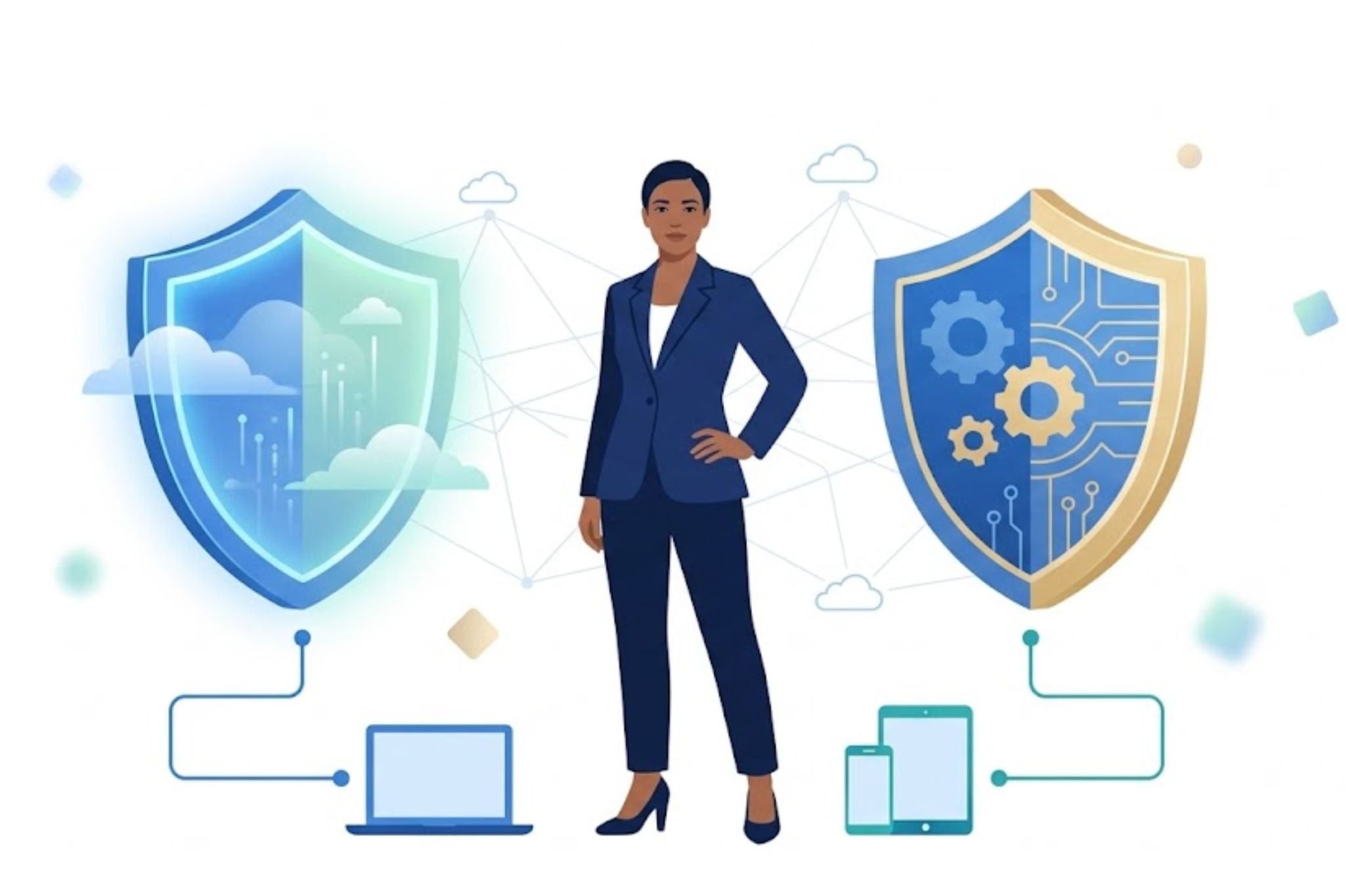  Businesswoman flanked by shields depicting crowdstrike vs sentinelone comparison mssp security models 