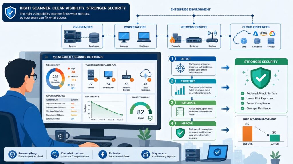 Dashboard illustrating benefits of choosing network vulnerability scanner tools for detecting, prioritizing, and fixing risks.