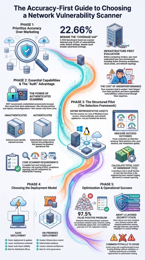 Infographic guide on choosing network vulnerability scanner options, covering accuracy, deployment models, and cost factors.