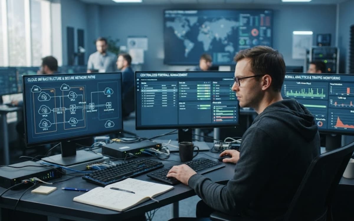 Engineer reviewing MSSP Firewall Technology Options across centralized dashboards for cloud network security