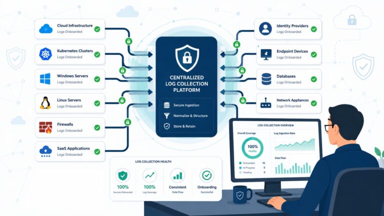 Dashboard visual showing an analyst managing log source onboarding process across cloud, servers, and network devices
