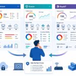 Dashboard graphic illustrating nessus vs qualys vs rapid7 comparison with risk scores, assets, and remediation workflows.