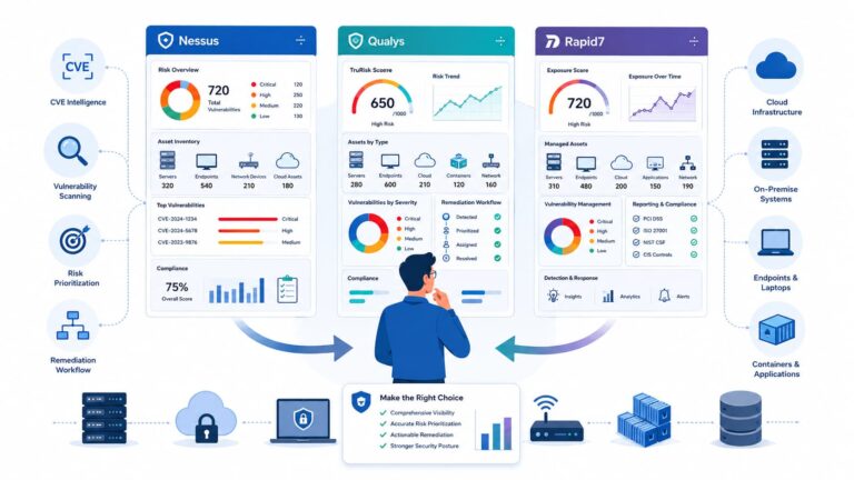 Dashboard graphic illustrating nessus vs qualys vs rapid7 comparison with risk scores, assets, and remediation workflows.