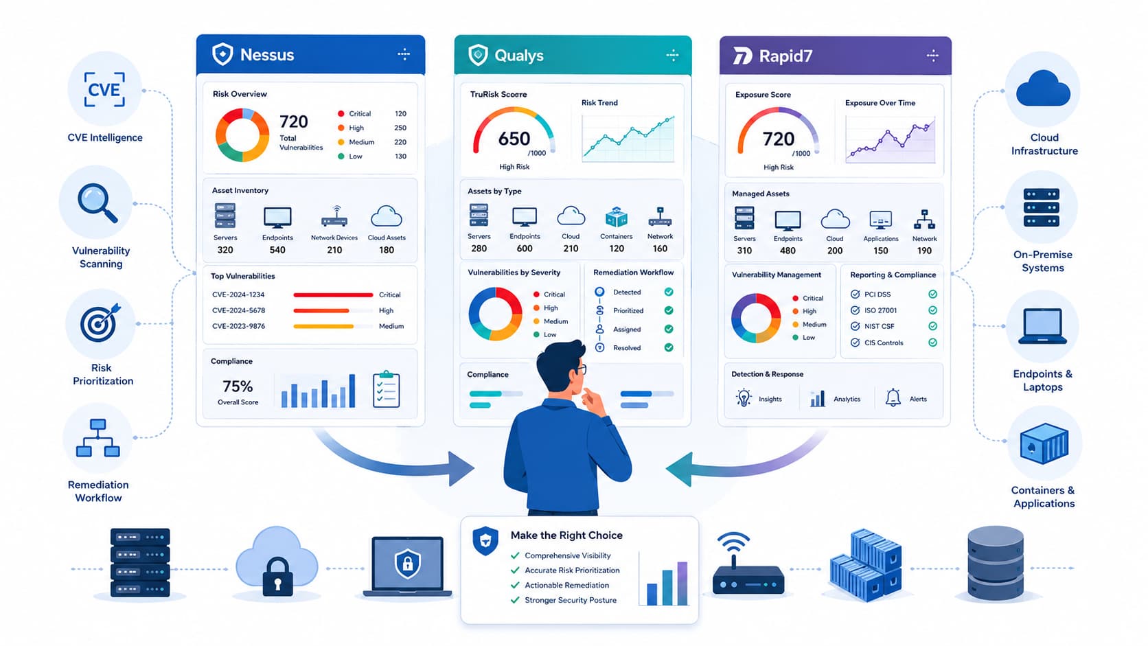 Dashboard graphic illustrating nessus vs qualys vs rapid7 comparison with risk scores, assets, and remediation workflows.