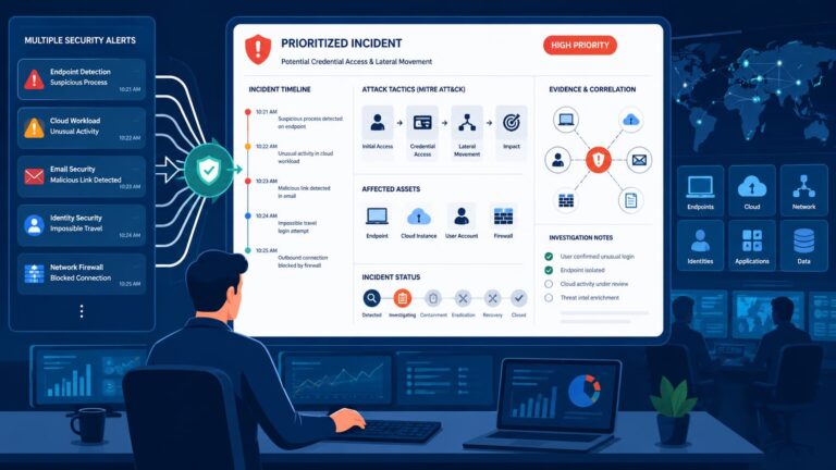 Analyst reviewing security alerts incidents portal, correlating a prioritized high-severity incident and its timeline.