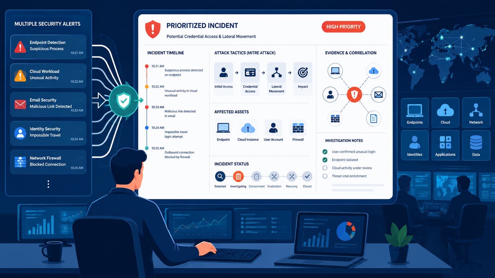 Analyst reviewing security alerts incidents portal, correlating a prioritized high-severity incident and its timeline.