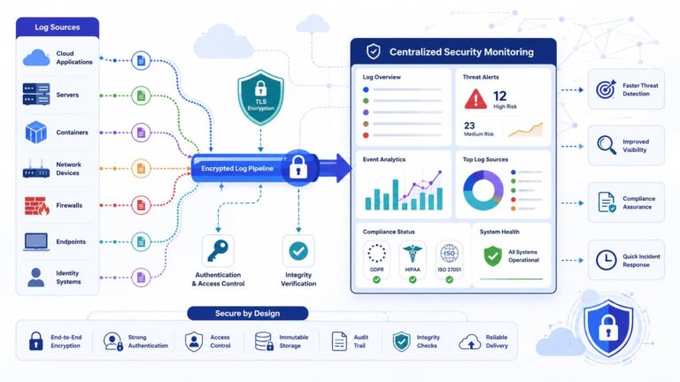 Diagram showing secure log forwarding aggregation methods from sources to encrypted pipeline to centralized monitoring.