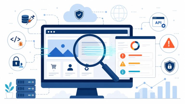 Illustration of web application vulnerability scanners analyzing a website for security risks and generating a report.