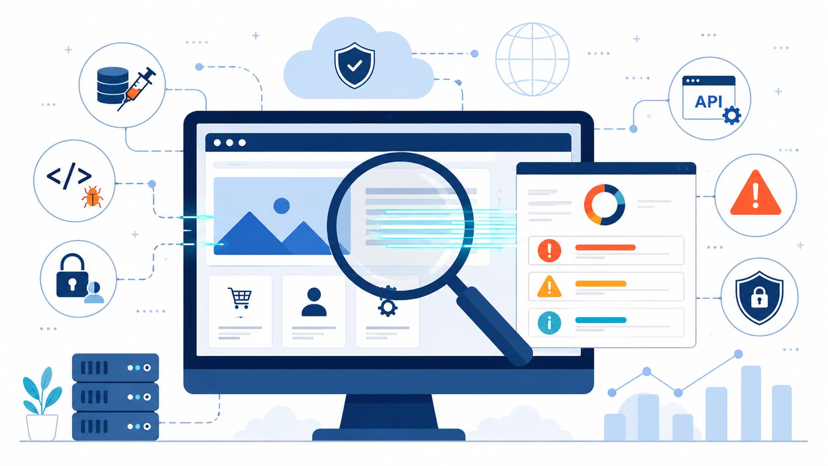 Illustration of web application vulnerability scanners analyzing a website for security risks and generating a report.