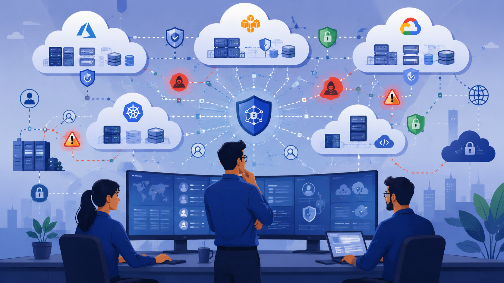 Challenges managing multi cloud security with visibility gaps, IAM risks, compliance issues, and security complexity across cloud environments