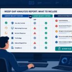 Analyst reviewing an MSSP Gap Analysis Report dashboard comparing security posture and remediation priorities