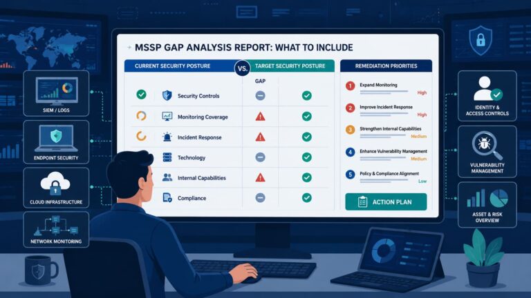 Analyst reviewing an MSSP Gap Analysis Report dashboard comparing security posture and remediation priorities