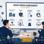 Two professionals reviewing an MSSP Needs Assessment Scoping California framework for cybersecurity planning and decisions.