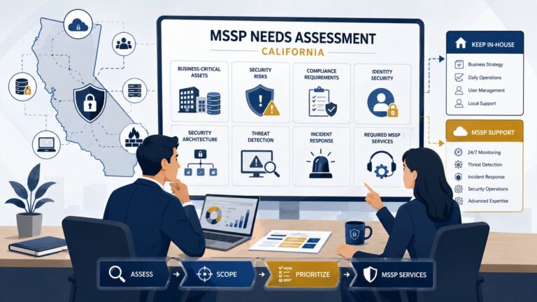 Two professionals reviewing an MSSP Needs Assessment Scoping California framework for cybersecurity planning and decisions.