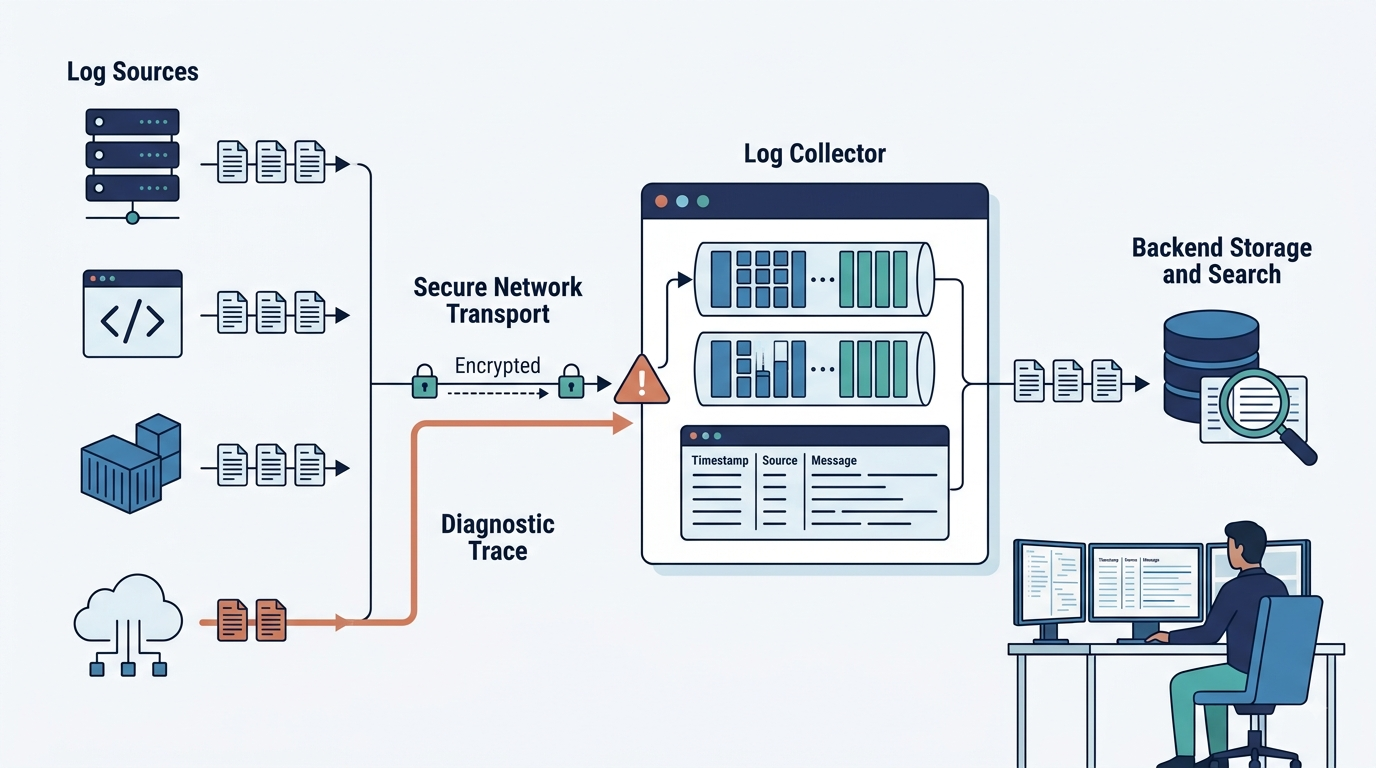 Troubleshooting log collection issues using a diagnostic trace from cloud and server logs to storage.