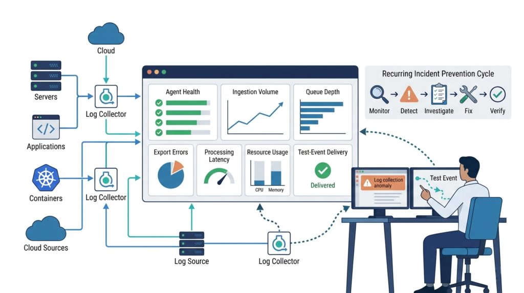  Troubleshooting log collection issues using a visual four-stage pipeline from sources to searchable logs.