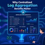 Dashboard graphic highlighting centralized log aggregation benefits like faster investigations, alerting, and compliance visibility.