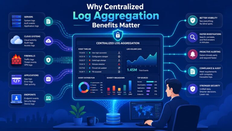 Dashboard graphic highlighting centralized log aggregation benefits like faster investigations, alerting, and compliance visibility.