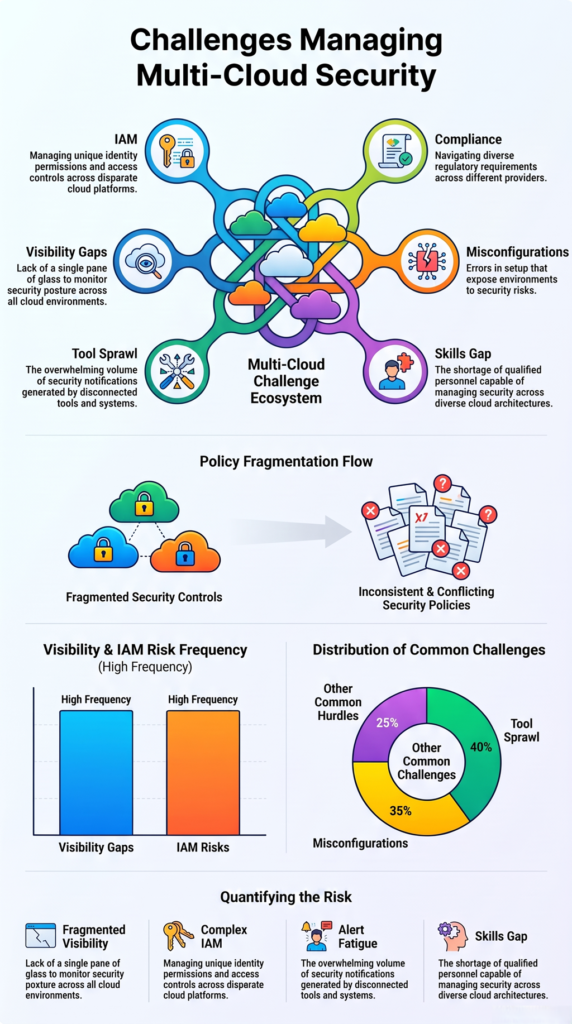 Challenges managing multi cloud security with IAM, visibility gaps, compliance, and misconfigurations