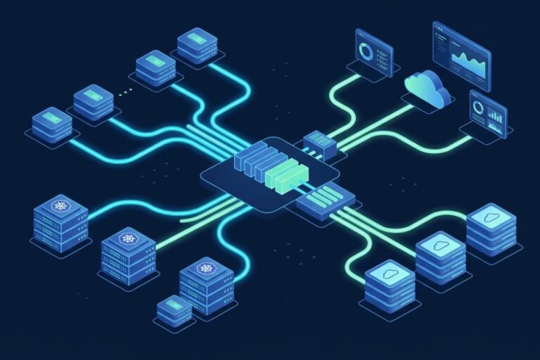 Central processing hub linking servers and dashboards in a scalable log collection architecture