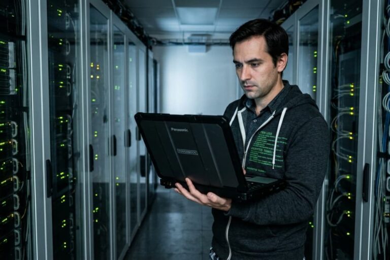 Engineer checking a laptop in a server room while ensuring log data integrity transport systems run smoothly