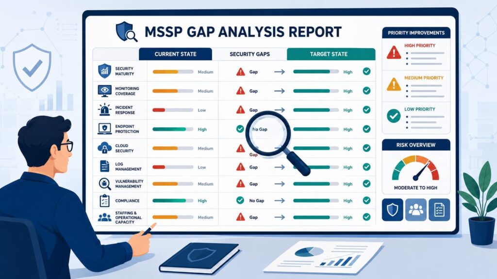 Analyst reviewing an MSSP gap analysis report, part of the Evaluation, Selection & Onboarding (Consulting) process.