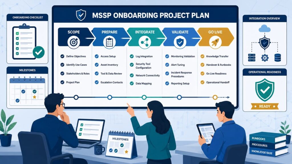Team walking through an MSSP onboarding project plan, illustrating the Evaluation, Selection & Onboarding (Consulting) process.