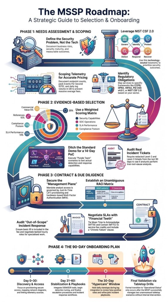 Infographic outlining Evaluation, Selection & Onboarding (Consulting) roadmap for choosing and managing an MSSP partner.