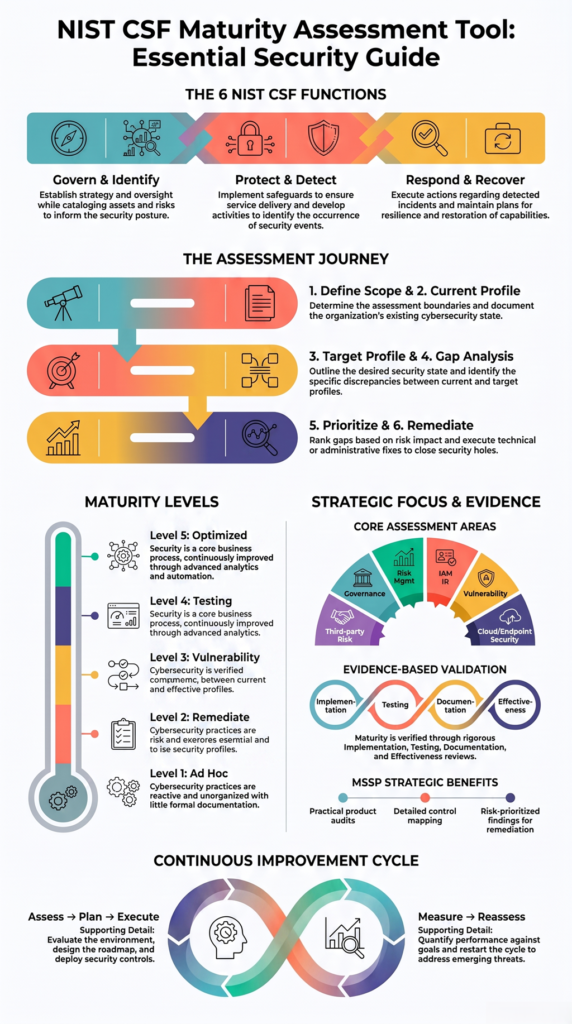 NIST CSF maturity assessment tool showing six functions, maturity levels, security gaps, and roadmap