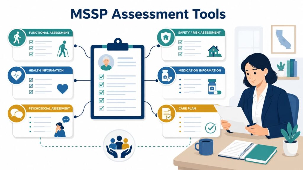 Assessment tool categories an mssp needs assessment consultant California uses to review a participant's care plan.