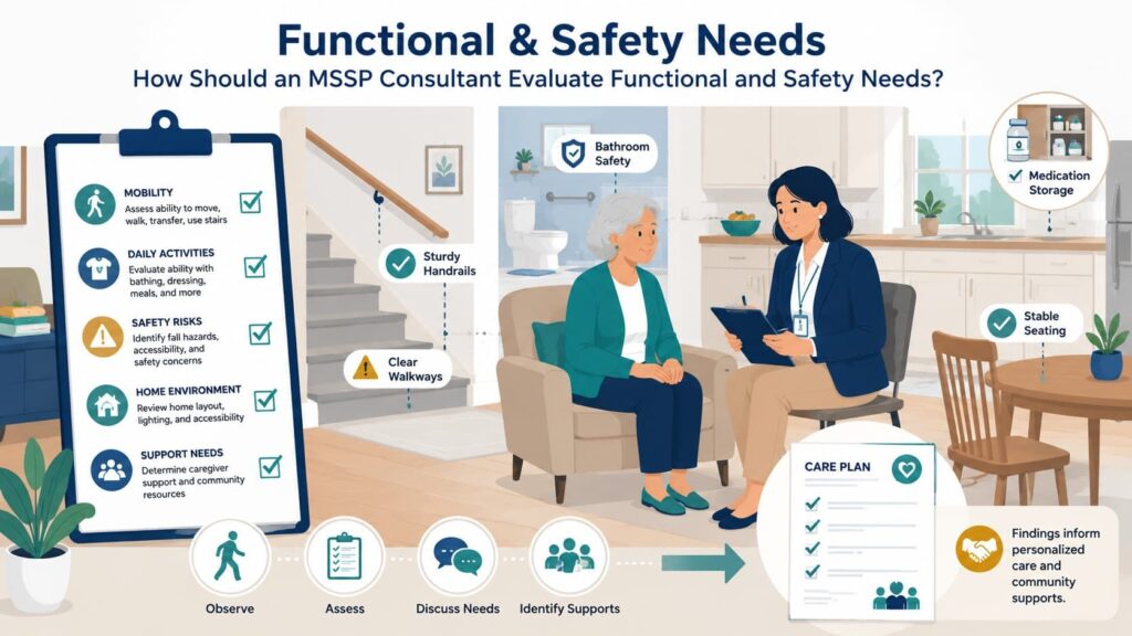 An mssp needs assessment consultant California evaluating a senior's home for mobility, safety, and medication risks.