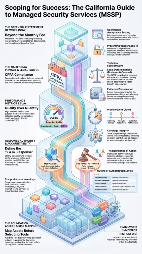 Infographic guide on scoping managed security services California: SOW, CPPA compliance, SLAs, and response authority.